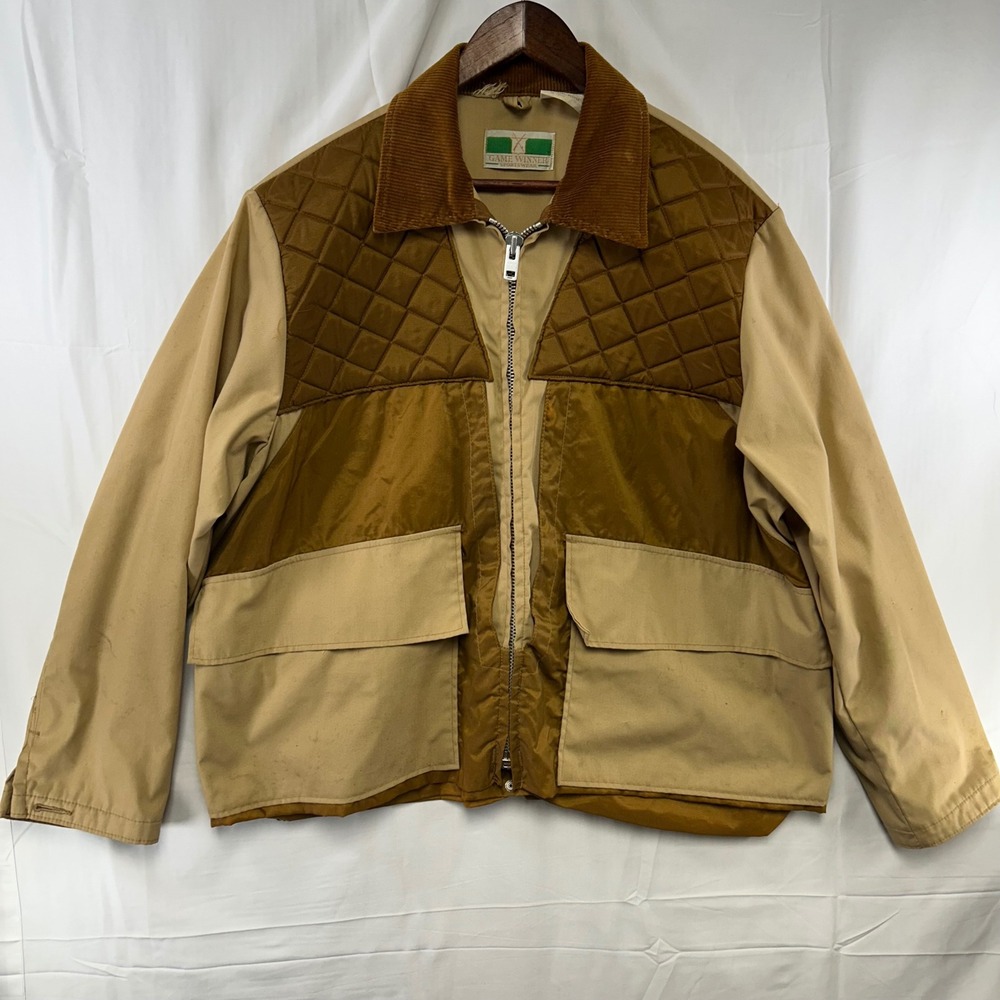 Game Winner Hunting Jacket Mens XL Tan Brown Quilted Field Coat Vintage USA